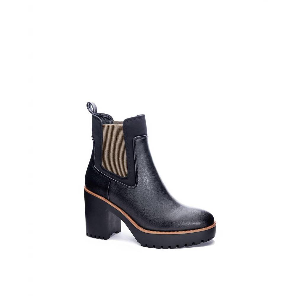 Chinese Laundry Black Chelsea Lug-Heel Ankle Boots with Tan Trim